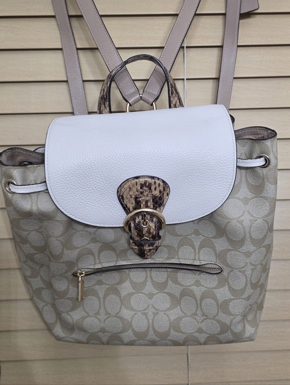 Signature Pattern Beige and White Backpack Tote